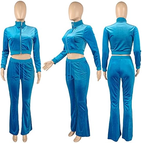 Zeyayi [2-Pack] אימונית קטיפה נשים שני חלקים עם שרוול ארוך צמרות יבול מכנסיים מתרחבים עם כיסים ונשים